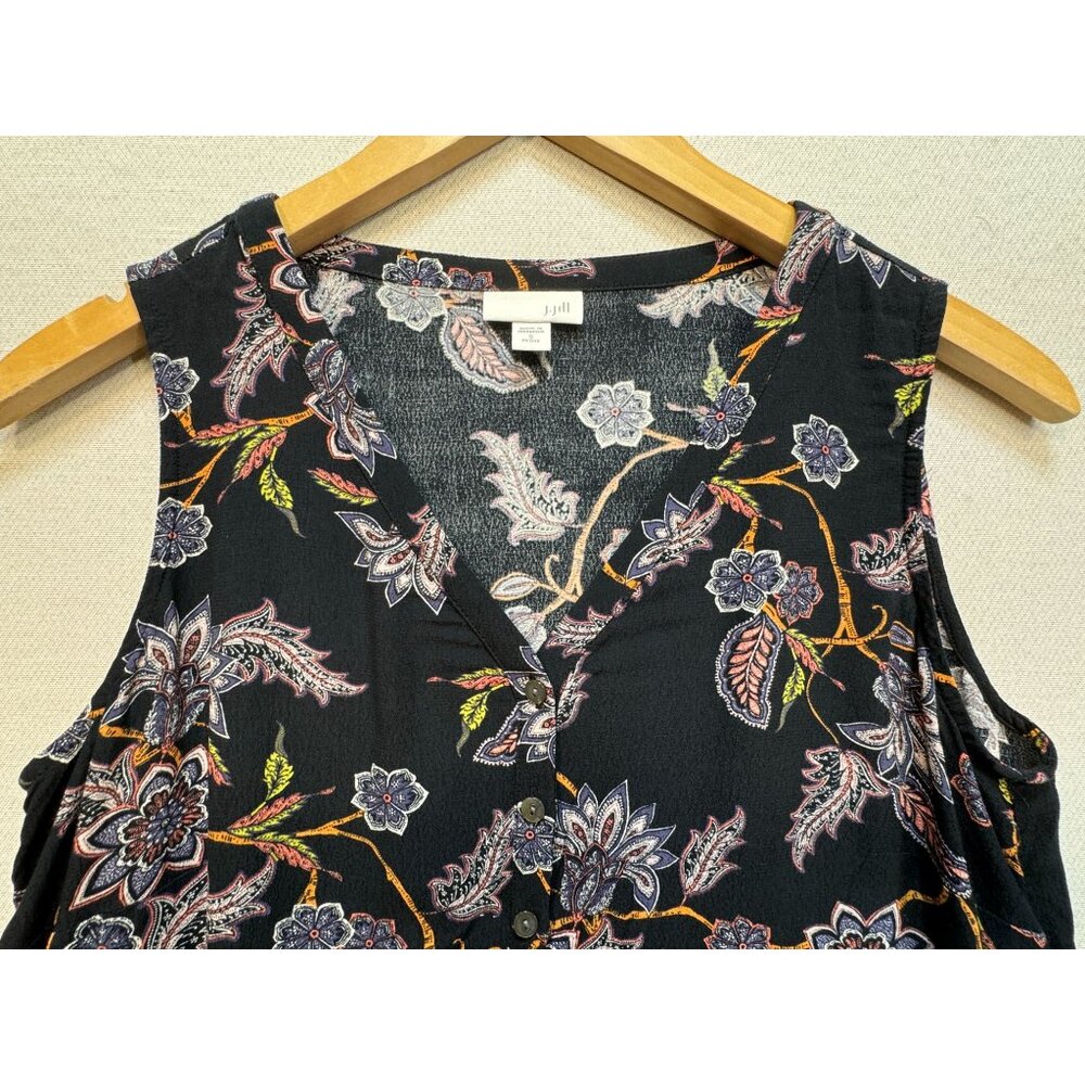 J. Jill Womens Button-Front Blouse Top Size S Petite Black Floral Sleeveless Y2K - Picture 5 of 11
